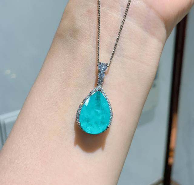 Colorful Treasure Necklace Simulation Paraiba Pendant Ring Earrings Jewelry Set