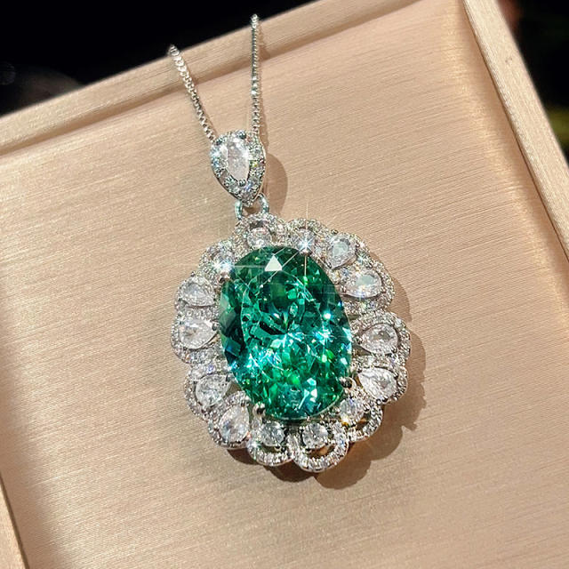 Green color crystal statement copper necklace earrings rings set