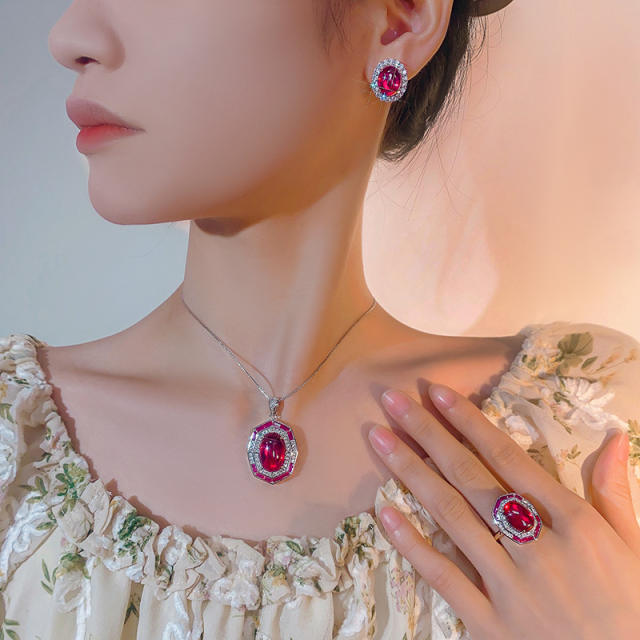 Imitation Red Corundum Retro Light Luxury necklace earrings rings set