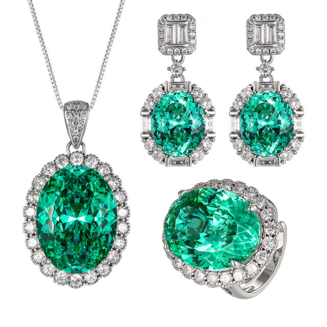 Luxury green color crystal statement copper necklace earrings rings set