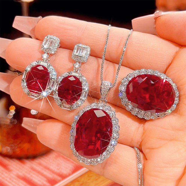 Red color crystal statement copper necklace earrings rings set
