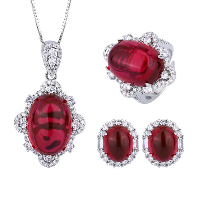 Copper Gold-plated Ice-seed Fluorescence Simulation Red Corundum necklace earrings rings set