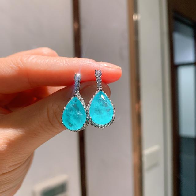 Colorful Treasure Necklace Simulation Paraiba Pendant Ring Earrings Jewelry Set
