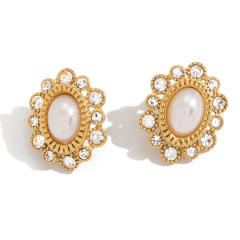 18KG vintage oval shape pearl stainless steel earrings diamond earrings