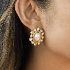 18KG vintage oval shape pearl stainless steel earrings diamond earrings