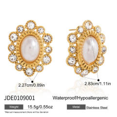 18KG vintage oval shape pearl stainless steel earrings diamond earrings