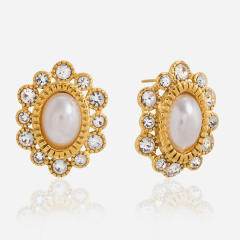 18KG vintage oval shape pearl stainless steel earrings diamond earrings