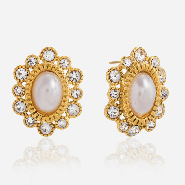 18KG vintage oval shape pearl stainless steel earrings diamond earrings