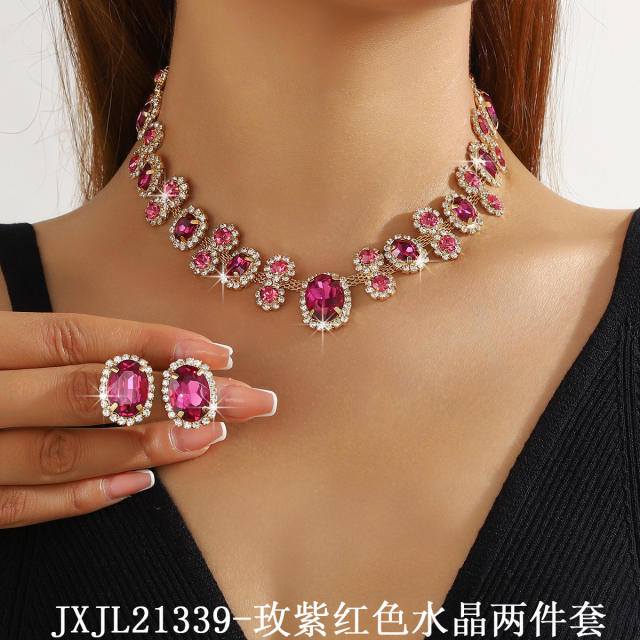 Hot sale colorful glass crystal statement choker necklace earrings set party wedding necklace set