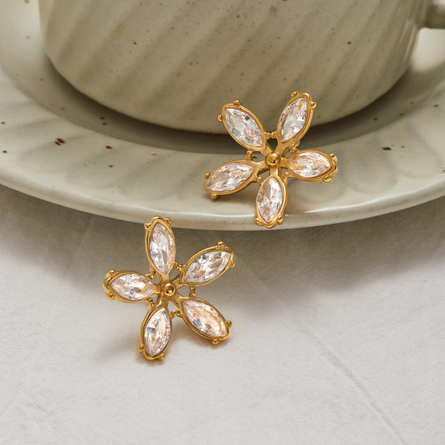 Romantic 18K Gold Stainless Steel White Zircon Flower Earrings