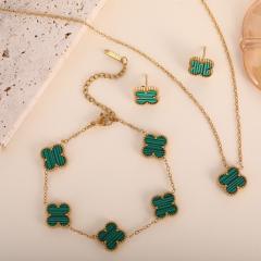 13mm gold color stainless steel lucky flower clover jewelry set necklace set