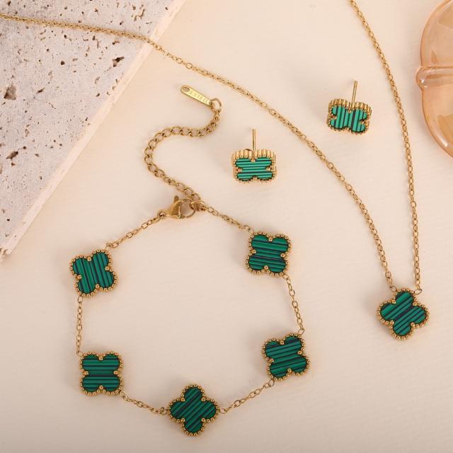 13mm gold color stainless steel lucky flower clover jewelry set necklace set