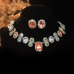 Hot sale colorful glass crystal statement choker necklace earrings set party wedding necklace set