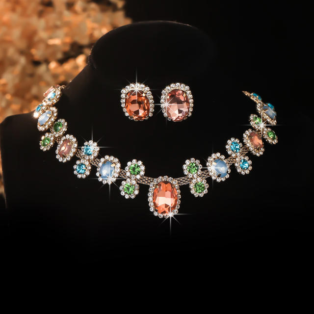 Hot sale colorful glass crystal statement choker necklace earrings set party wedding necklace set