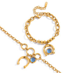 18KG blue opal stone inlaid Horseshoe charm stainless steel bracelet