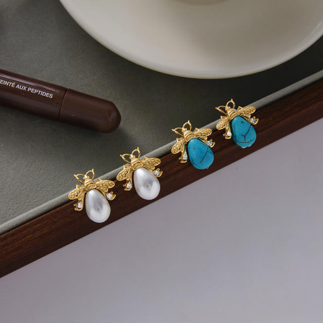 Vintage turquoise pearl drop stainless steel bee earrings for women
