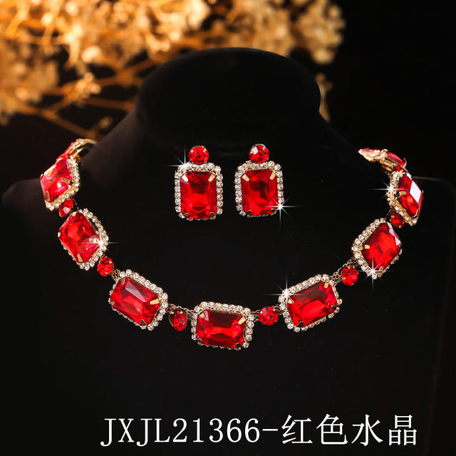 Square colorful glass crystal wedding party choker necklace set for women
