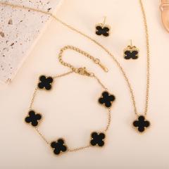 13mm gold color stainless steel lucky flower clover jewelry set necklace set