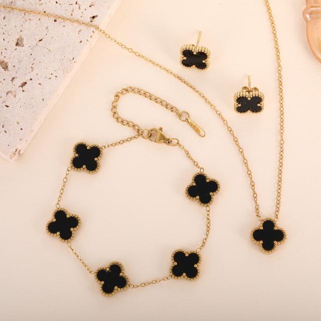 13mm gold color stainless steel lucky flower clover jewelry set necklace set