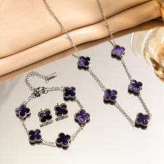 13mm double side silver stainless steel clover necklace set for women