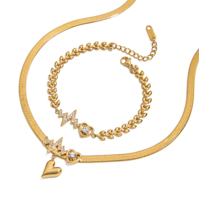 Romantic 18K Gold Rhinestone with Zircon Cut Out Heart Stainless Steel Necklace