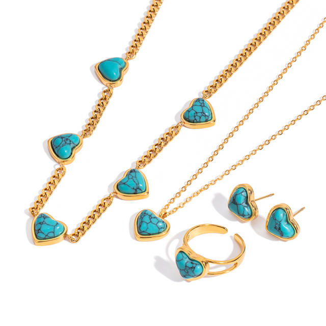 Vintage turquoise stone heart series stainless steel necklace earrings set