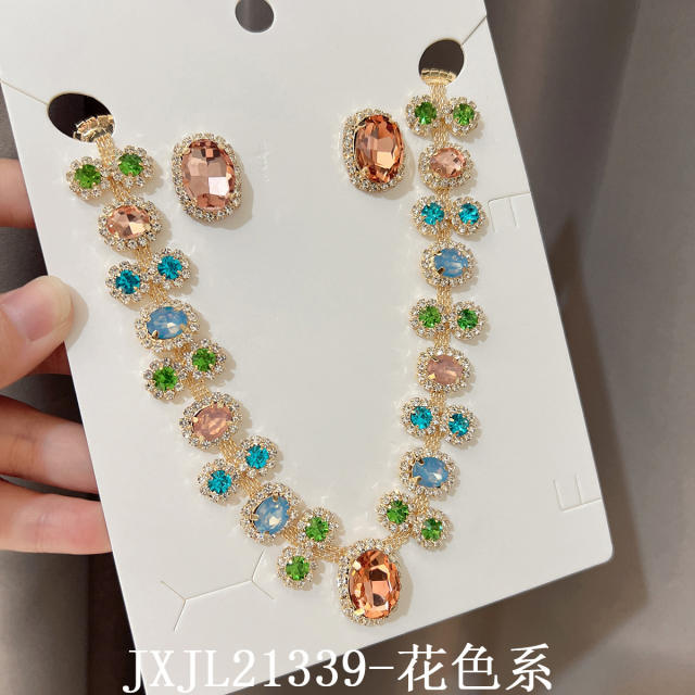Hot sale colorful glass crystal statement choker necklace earrings set party wedding necklace set