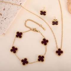13mm gold color stainless steel lucky flower clover jewelry set necklace set