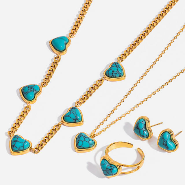 Vintage turquoise stone heart series stainless steel necklace earrings set