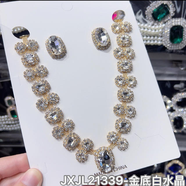 Hot sale colorful glass crystal statement choker necklace earrings set party wedding necklace set