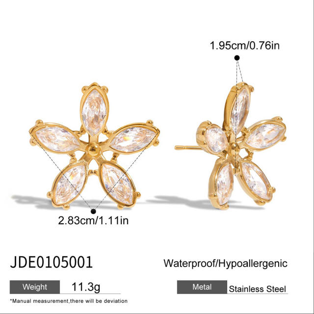 Romantic 18K Gold Stainless Steel White Zircon Flower Earrings