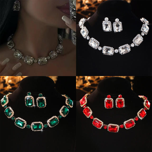 Square colorful glass crystal wedding party choker necklace set for women
