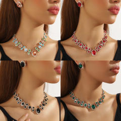 Hot sale colorful glass crystal statement choker necklace earrings set party wedding necklace set
