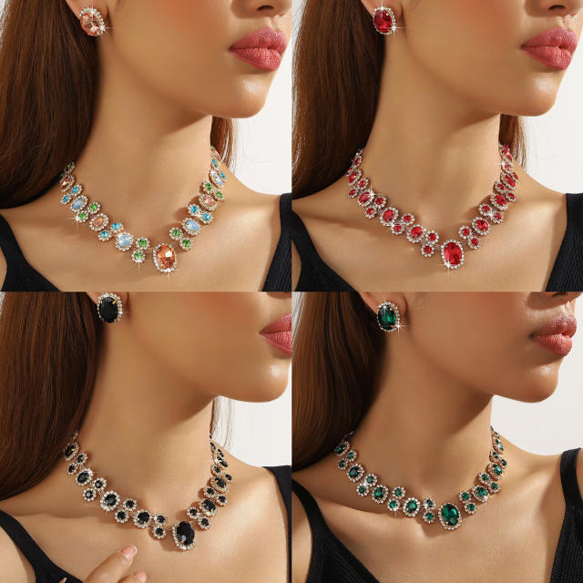 Hot sale colorful glass crystal statement choker necklace earrings set party wedding necklace set