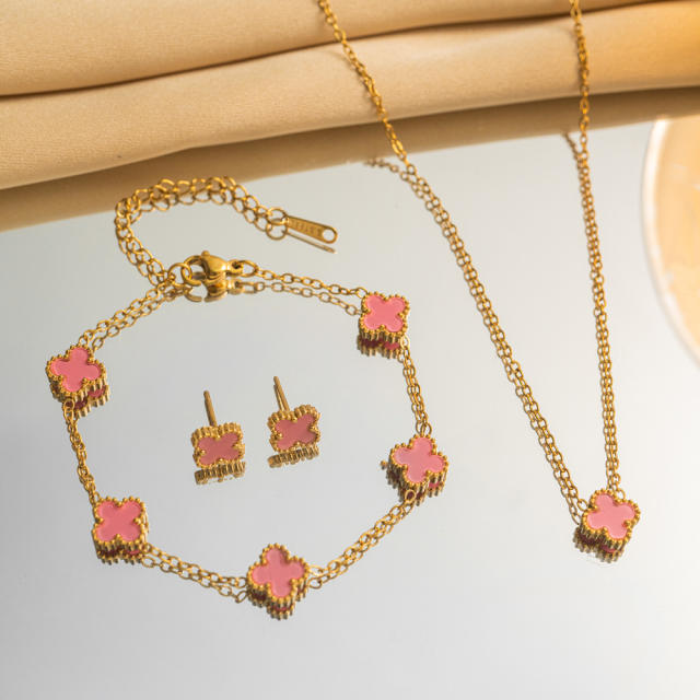 9mm double side stainless steel clover necklace set for women