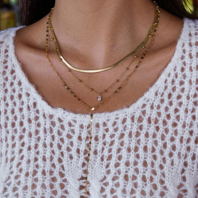 Classic three layer dainty chain diamond stainless steel necklace long necklace