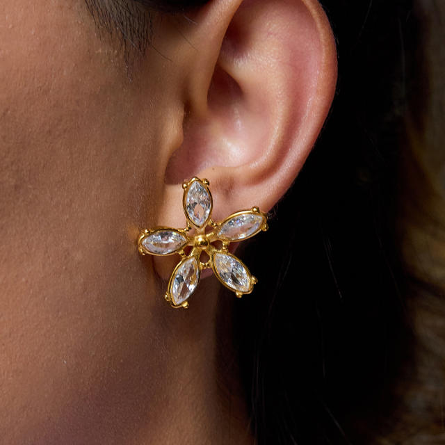 Romantic 18K Gold Stainless Steel White Zircon Flower Earrings