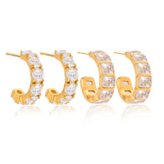 18KG cubic zircon inlaid open C shape stainless steel earrings