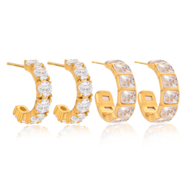 18KG cubic zircon inlaid open C shape stainless steel earrings