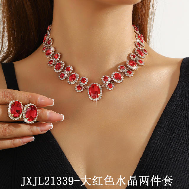 Hot sale colorful glass crystal statement choker necklace earrings set party wedding necklace set