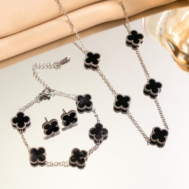 13mm double side silver stainless steel clover necklace set for women