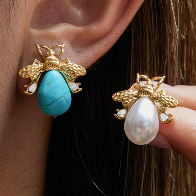 Vintage turquoise pearl drop stainless steel bee earrings for women