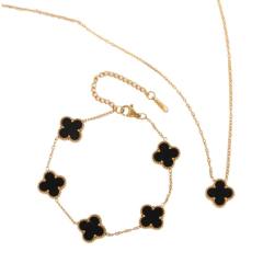 13mm gold color stainless steel lucky flower clover jewelry set necklace set