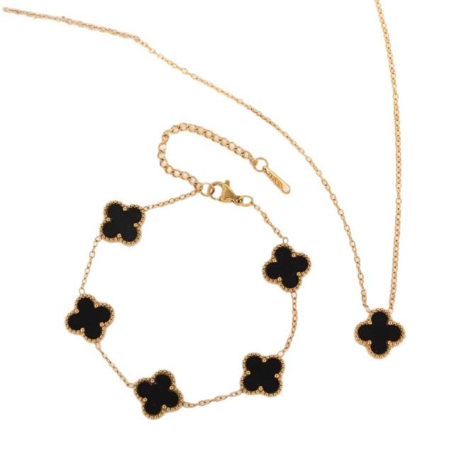 13mm gold color stainless steel lucky flower clover jewelry set necklace set