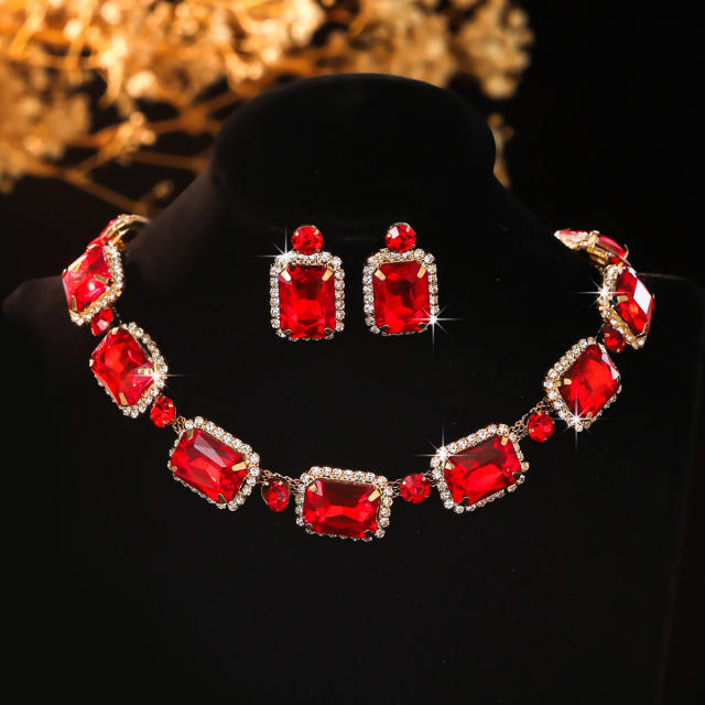 Square colorful glass crystal wedding party choker necklace set for women