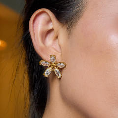 Romantic 18K Gold Stainless Steel White Zircon Flower Earrings