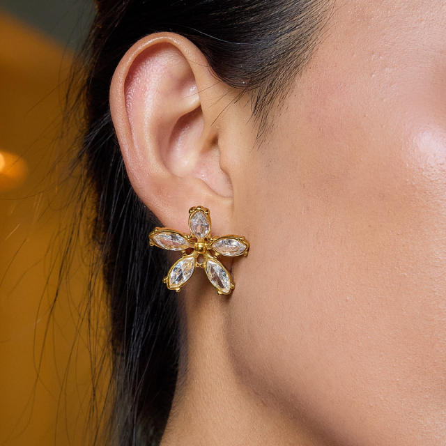 Romantic 18K Gold Stainless Steel White Zircon Flower Earrings