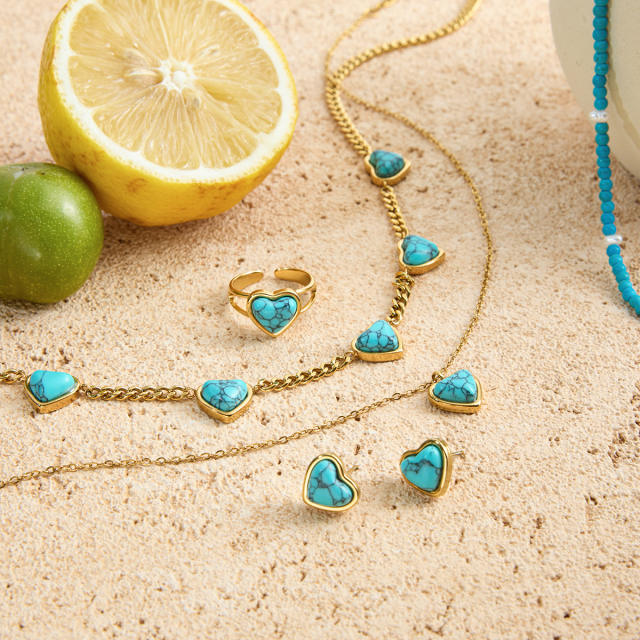 Vintage turquoise stone heart series stainless steel necklace earrings set