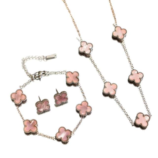 13mm double side silver stainless steel clover necklace set for women