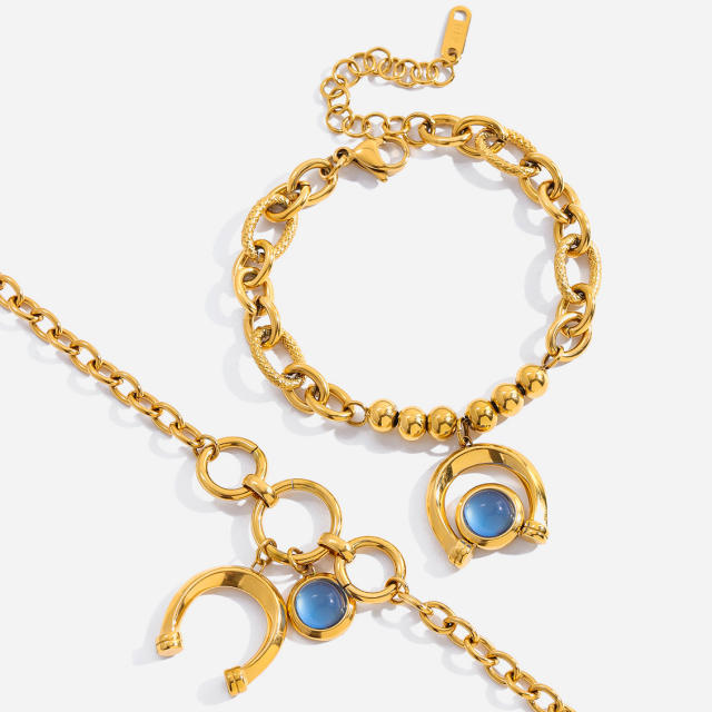 18KG blue opal stone inlaid Horseshoe charm stainless steel bracelet